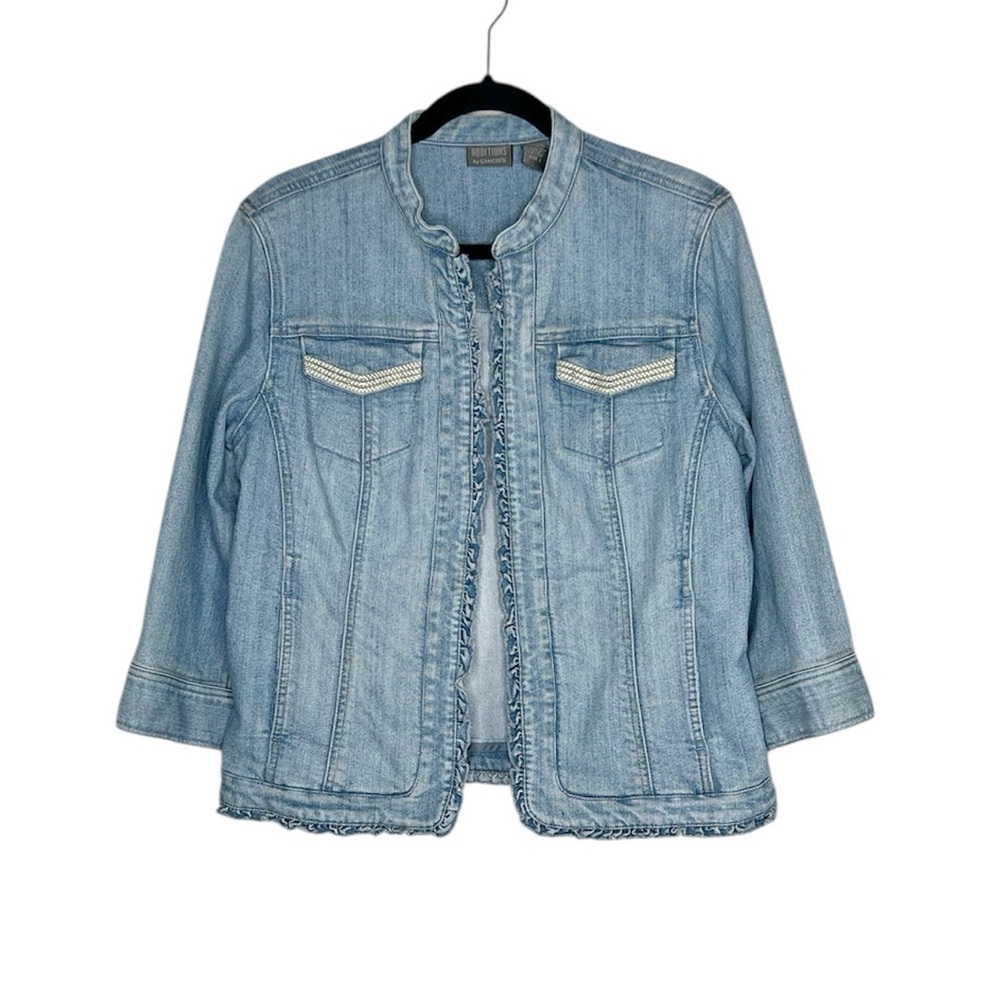 Chico's Additions Ruffle Trim Blue Jean Denim Jacket size 1
